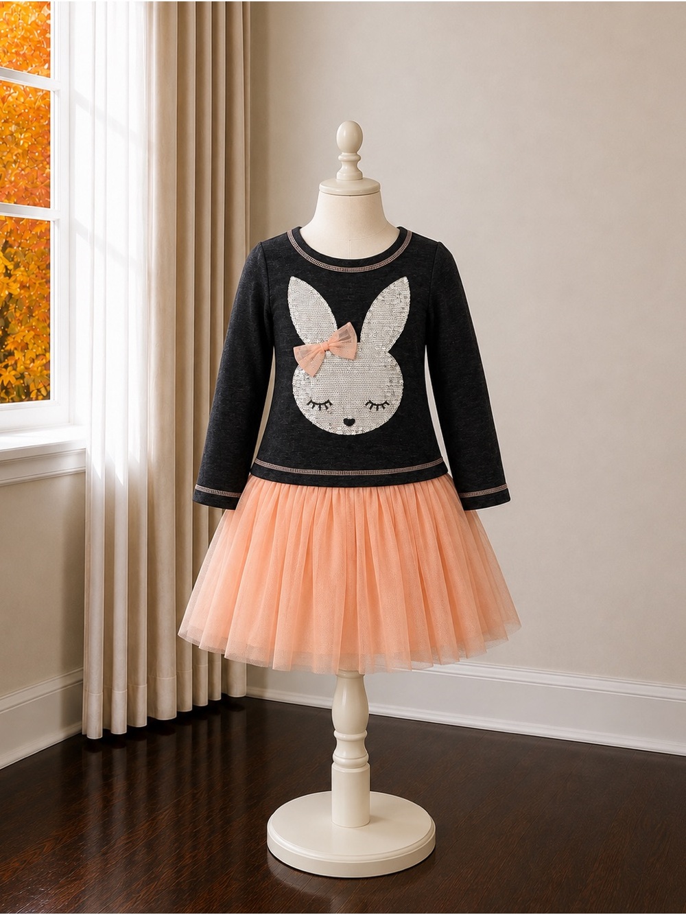 Girls Black Bunny Sweater Dress with Peach Tulle Skirt